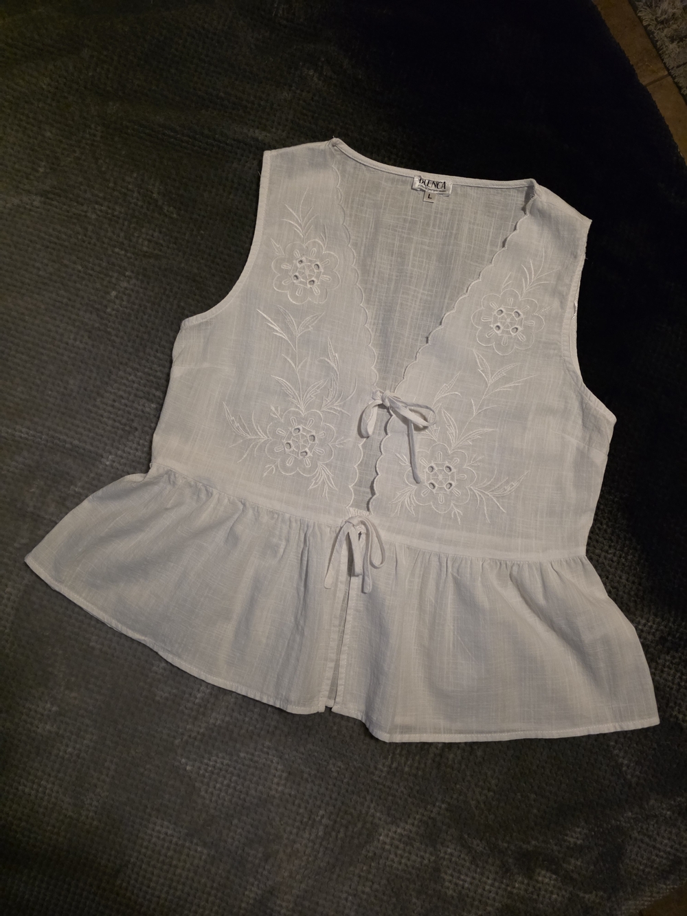White Embroidered Tie-Front Peplum Sleeveless Top